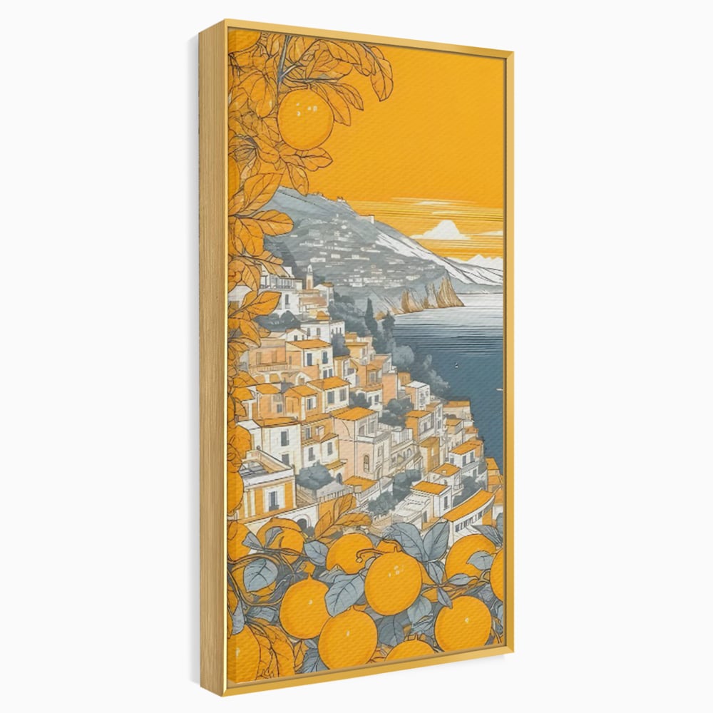 Tablou canvas cu ilustratie cu oras pe malul marii, in rama de aluminiu auriu